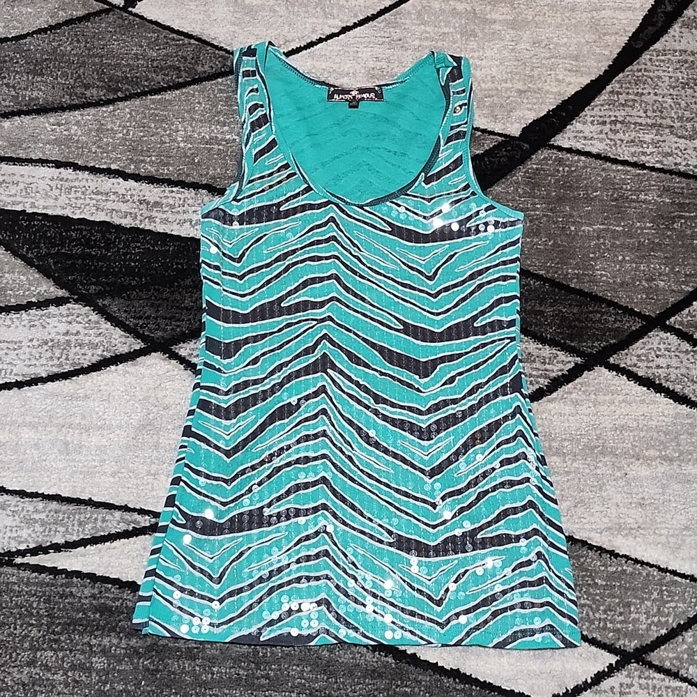 ALMOST FAMOUS SEQUINS TEAL ZEBRA PRINT RIBBED TANK-TOP
